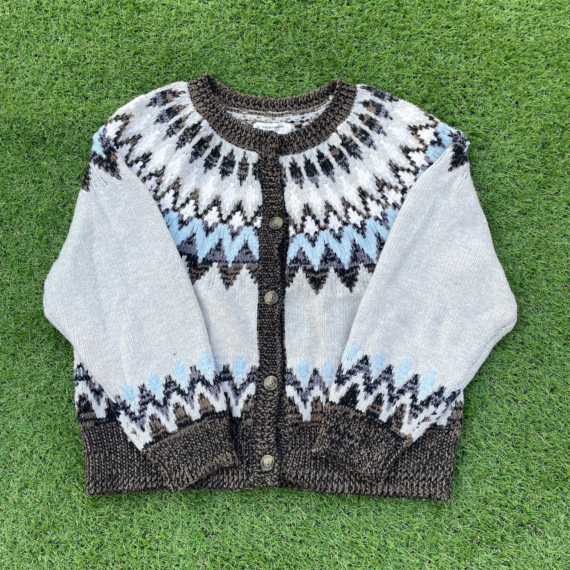 LUCKY BRAND Fair Isle Long Cardigan Sweater In Oatmeal Medium Viral NWT 1