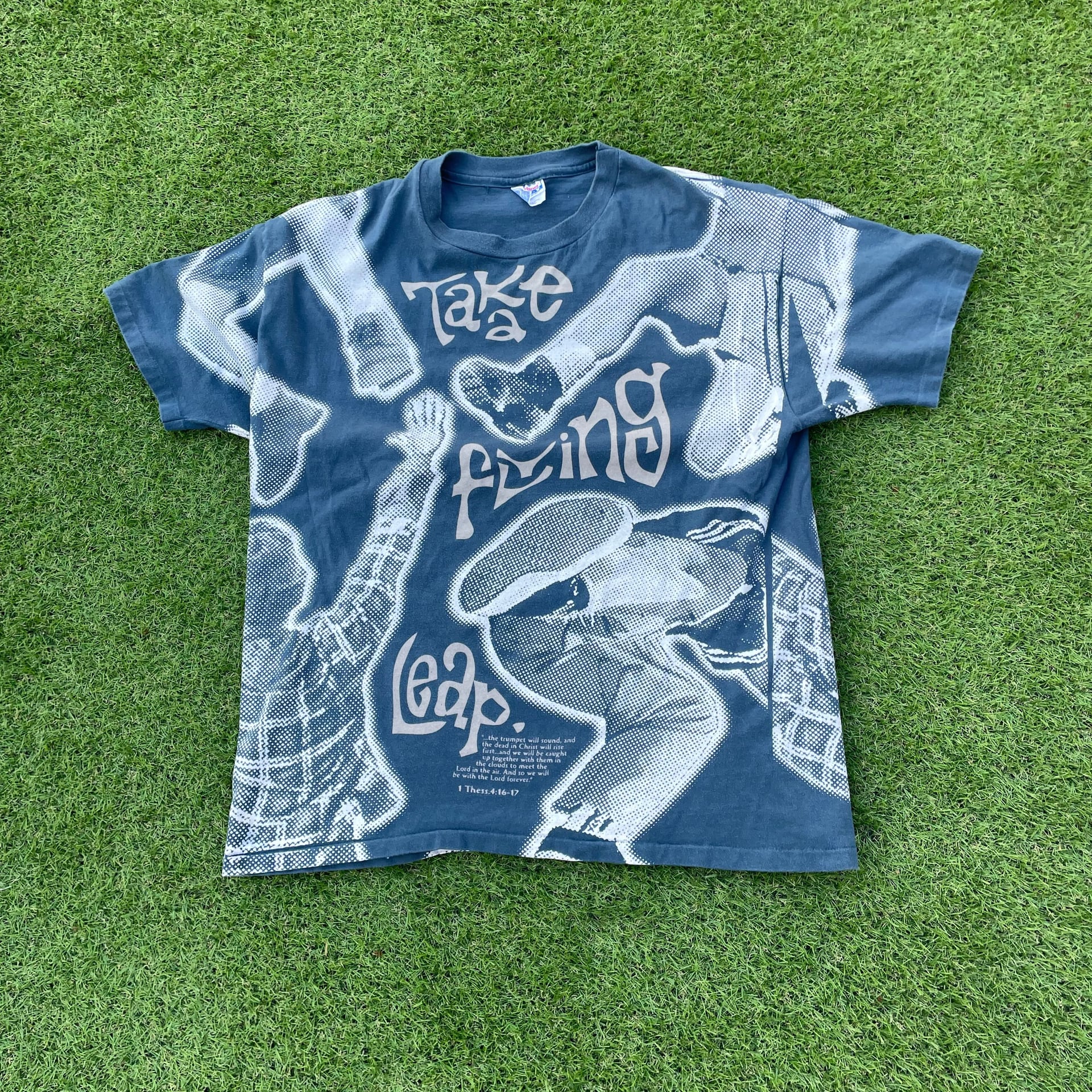 Vtg Hanes 90's Take A Flying Leap All Over Print 1 Thess. 4:16-17 T Shirt Sz XL 1