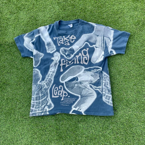 Vtg Hanes 90's Take A Flying Leap All Over Print 1 Thess. 4:16-17 T Shirt Sz XL