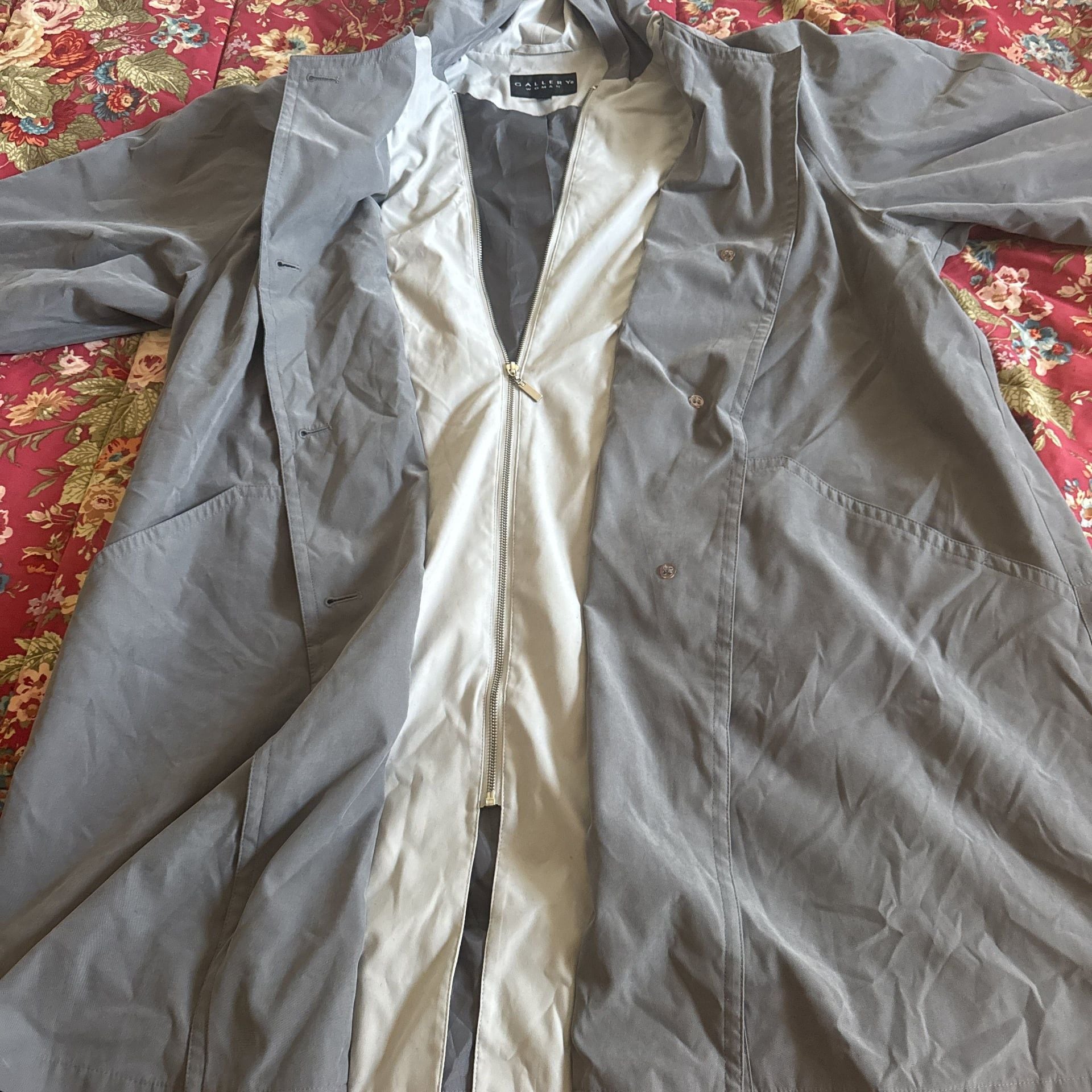 Gallery Womens Hooded All Weather Rain Coat Beige Zip & Button Size L 1