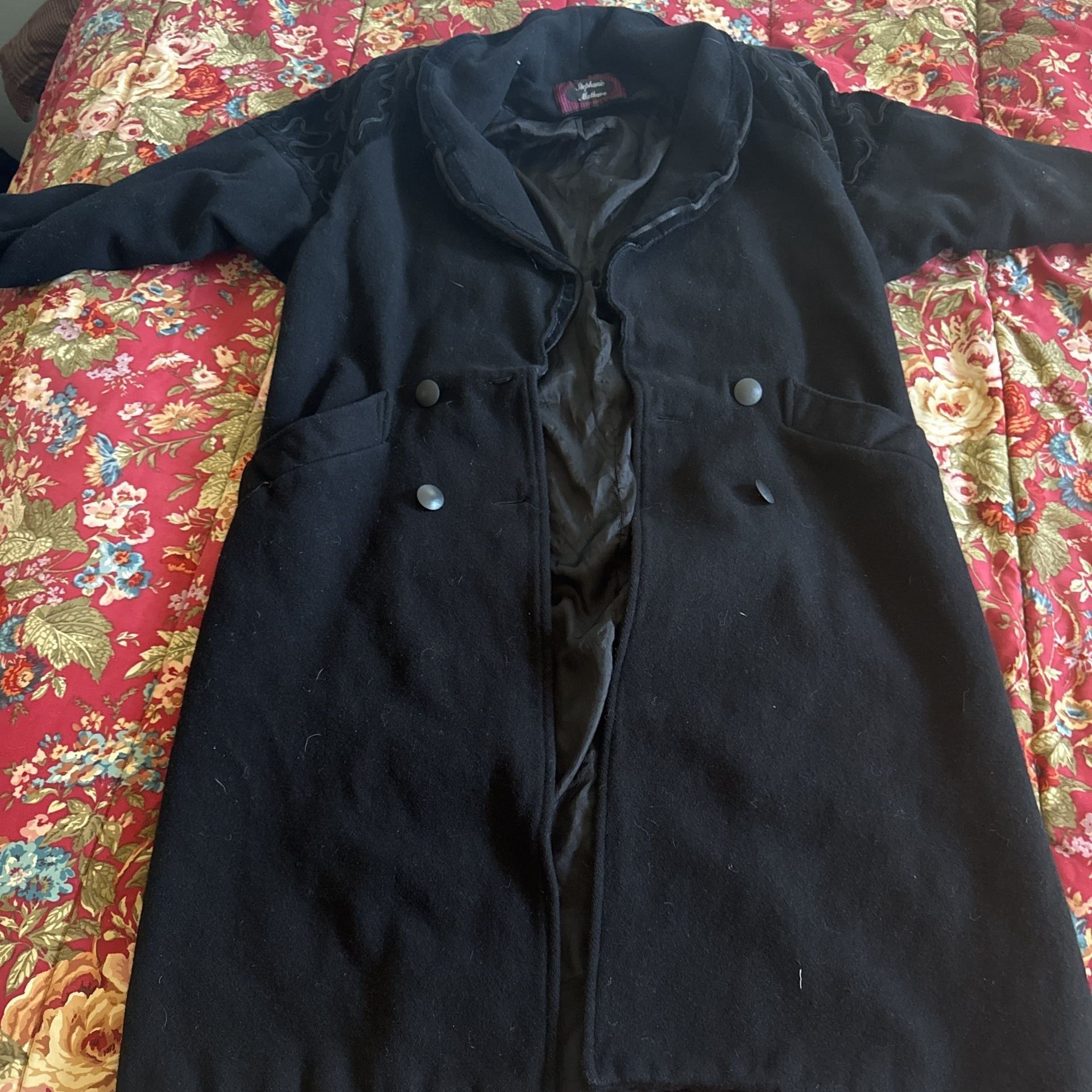 Stephanie Matthews Womens VTG Wool Long Trench Coat Lined Pockets Black Size 12 1