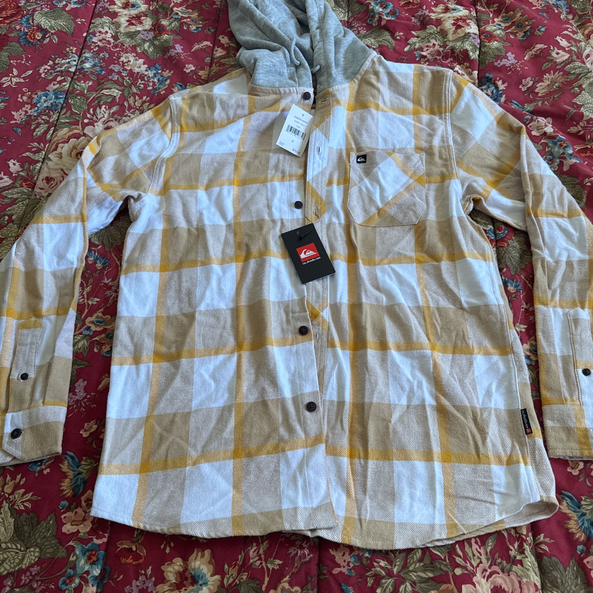 Vintage Quiksilver Men Hoodie Small Yellow White Plaid 2
