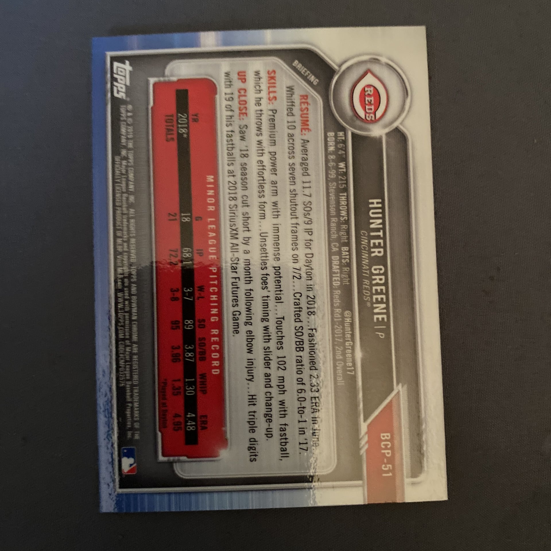 2019 Bowman Chrome Prospect Hunter Greene RC #BCP-51 ! 2