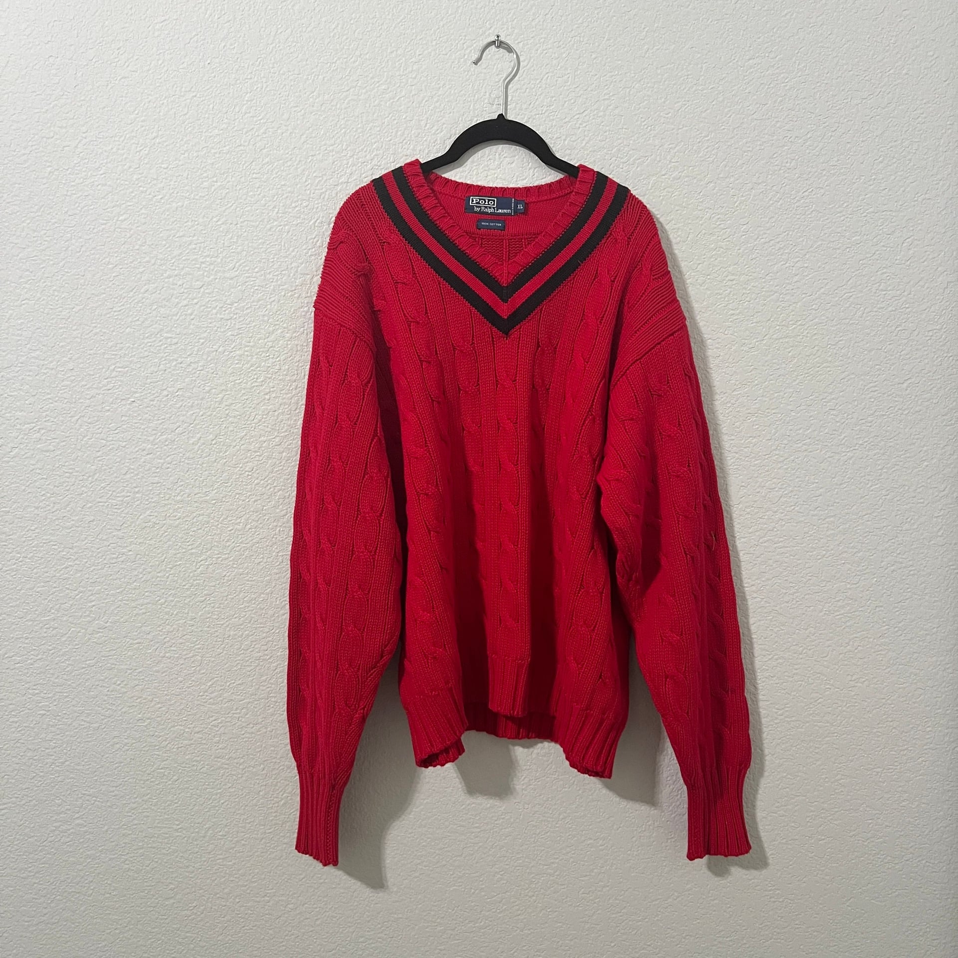 Polo Ralph Lauren Vintage Red Cable Knit V-Neck Cricket Sweater Mens XL 2