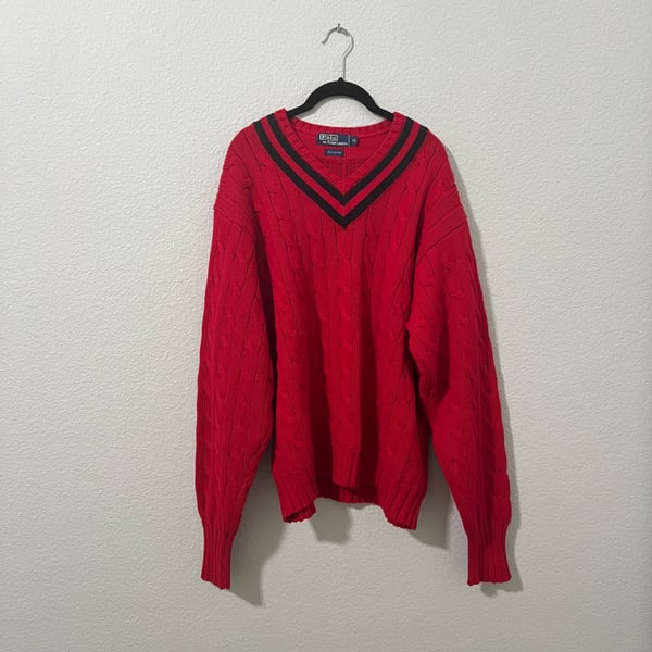 Polo Ralph Lauren Vintage Red Cable Knit V-Neck Cricket Sweater Mens XL