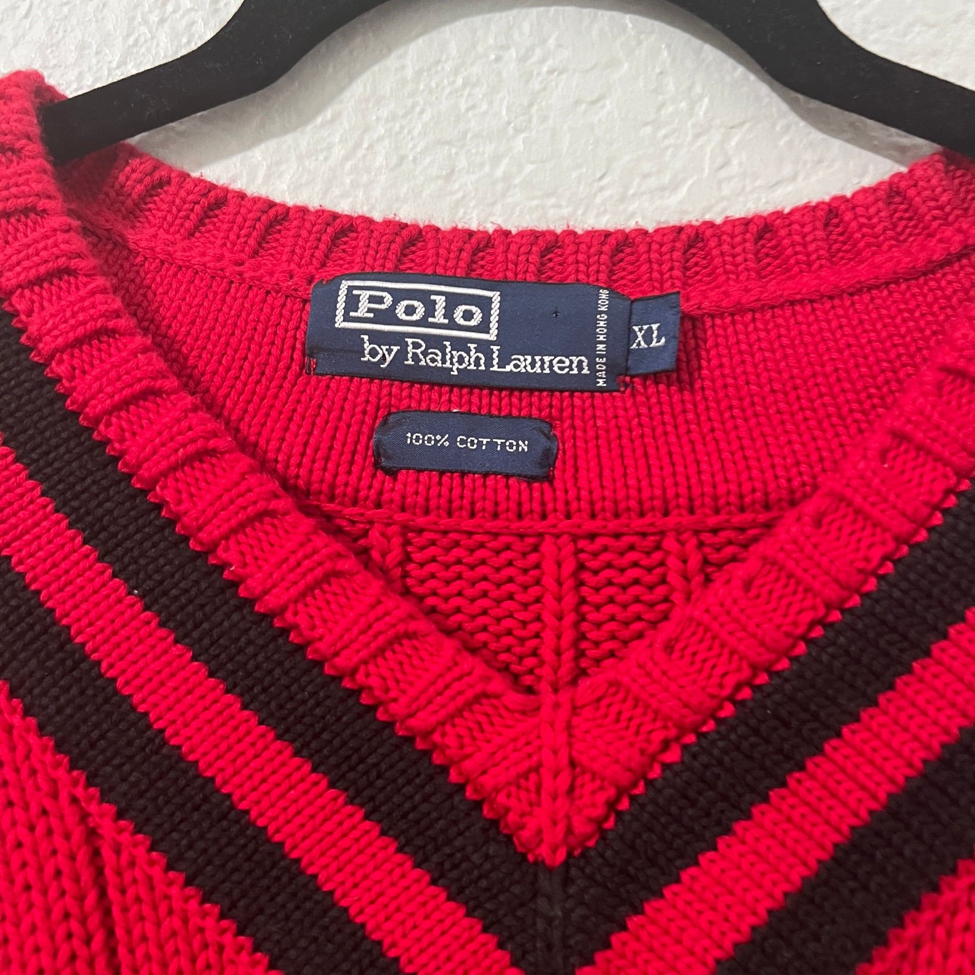 Polo Ralph Lauren Vintage Red Cable Knit V-Neck Cricket Sweater Mens XL 3