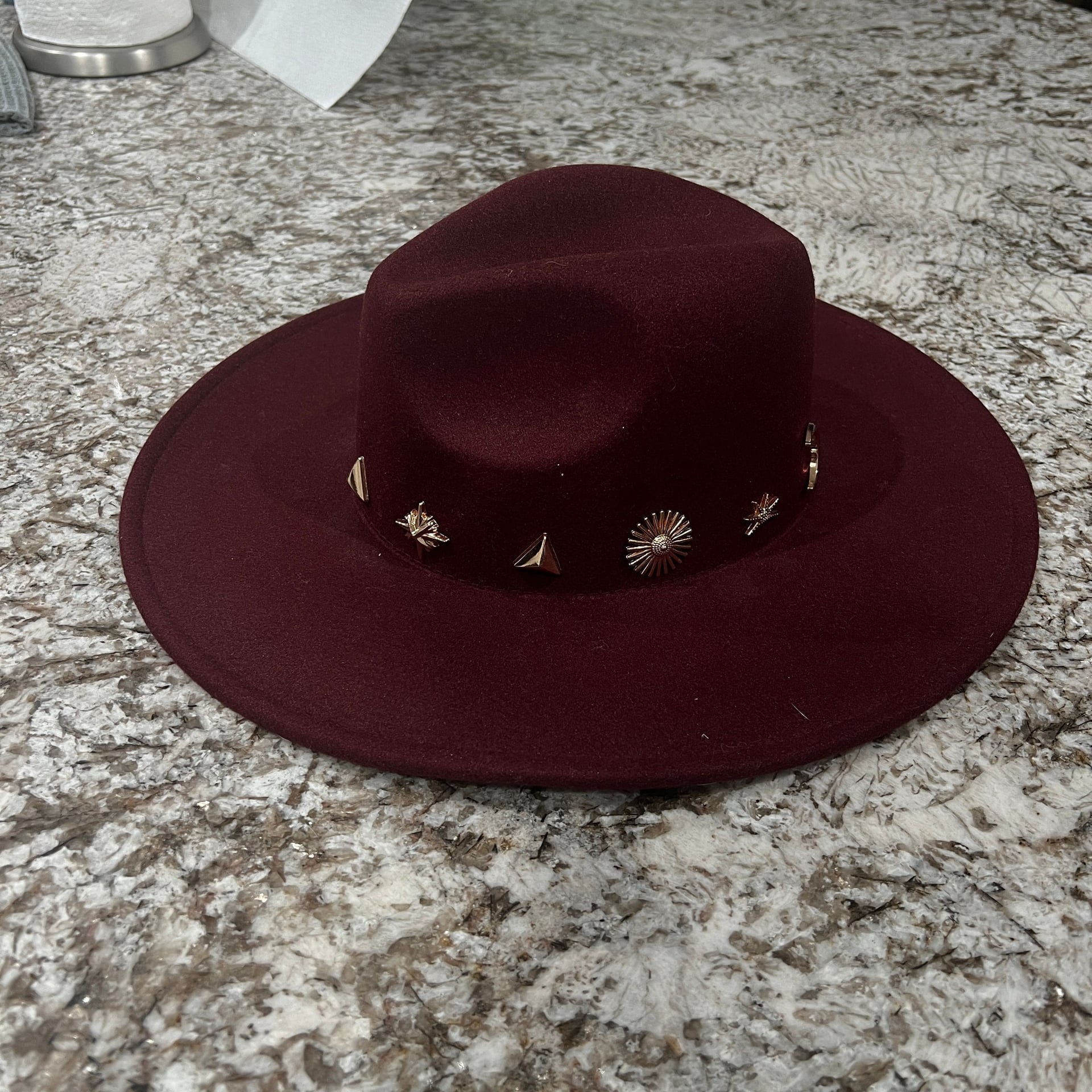 Anthropologie Burgundy Charm Trimmed Rancher Felt Hat Celestial and Geometric 3