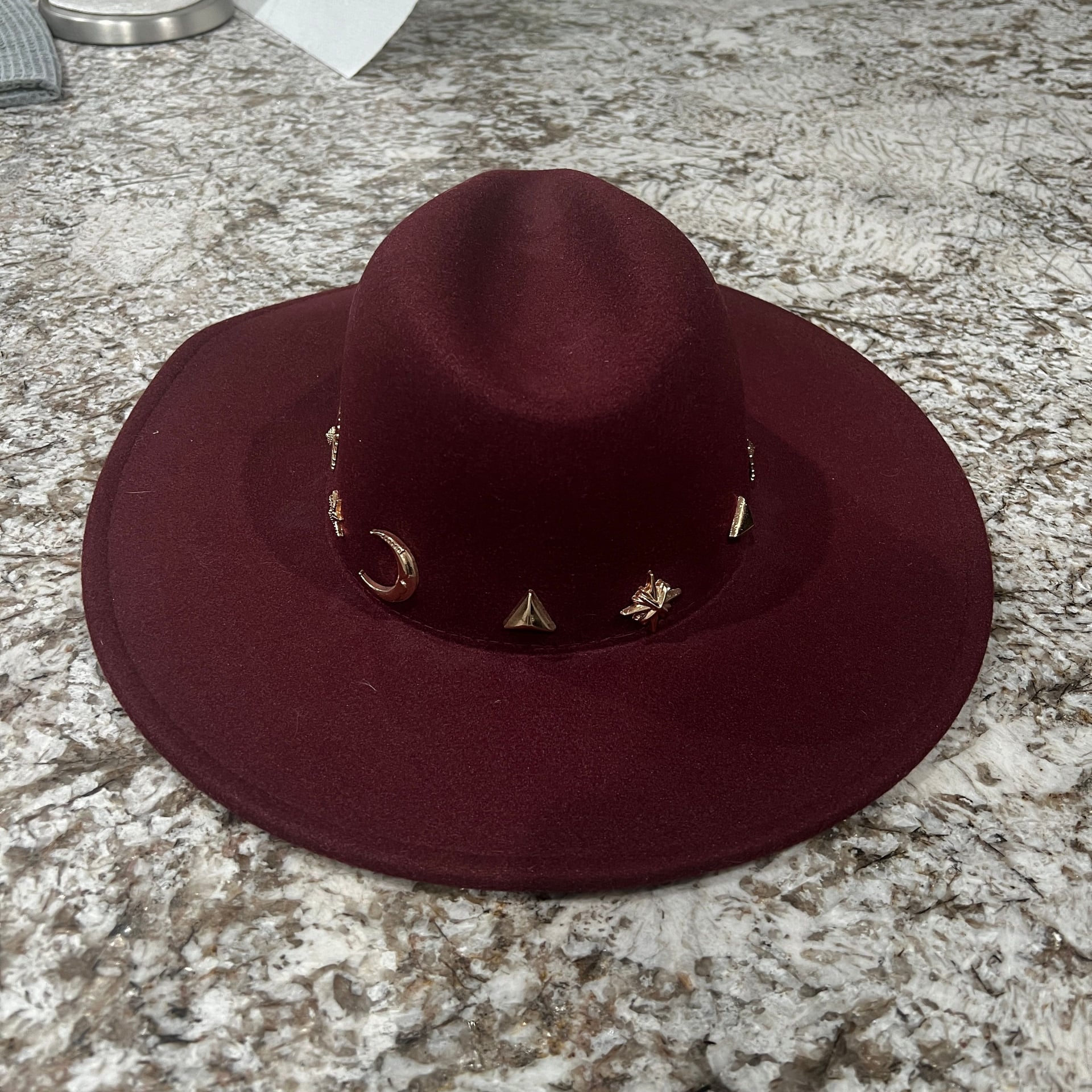 Anthropologie Burgundy Charm Trimmed Rancher Felt Hat Celestial and Geometric 4