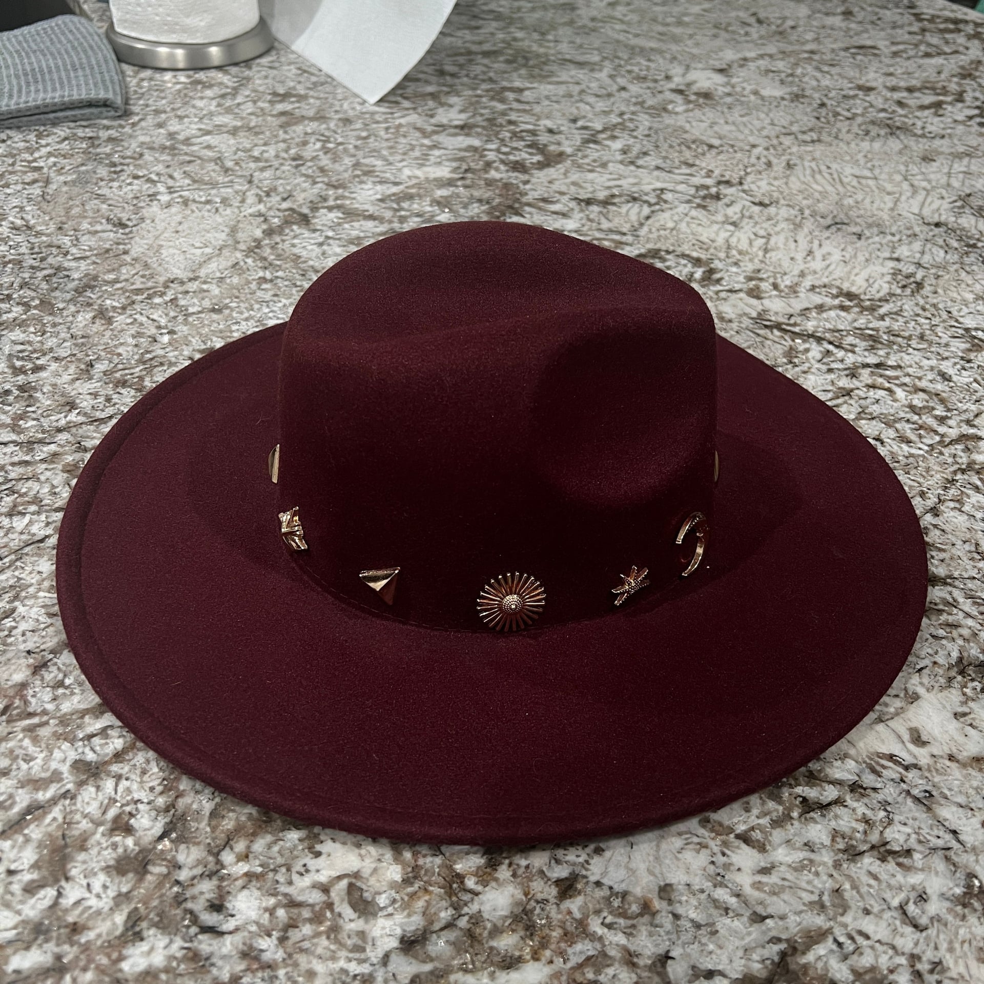 Anthropologie Burgundy Charm Trimmed Rancher Felt Hat Celestial and Geometric 5