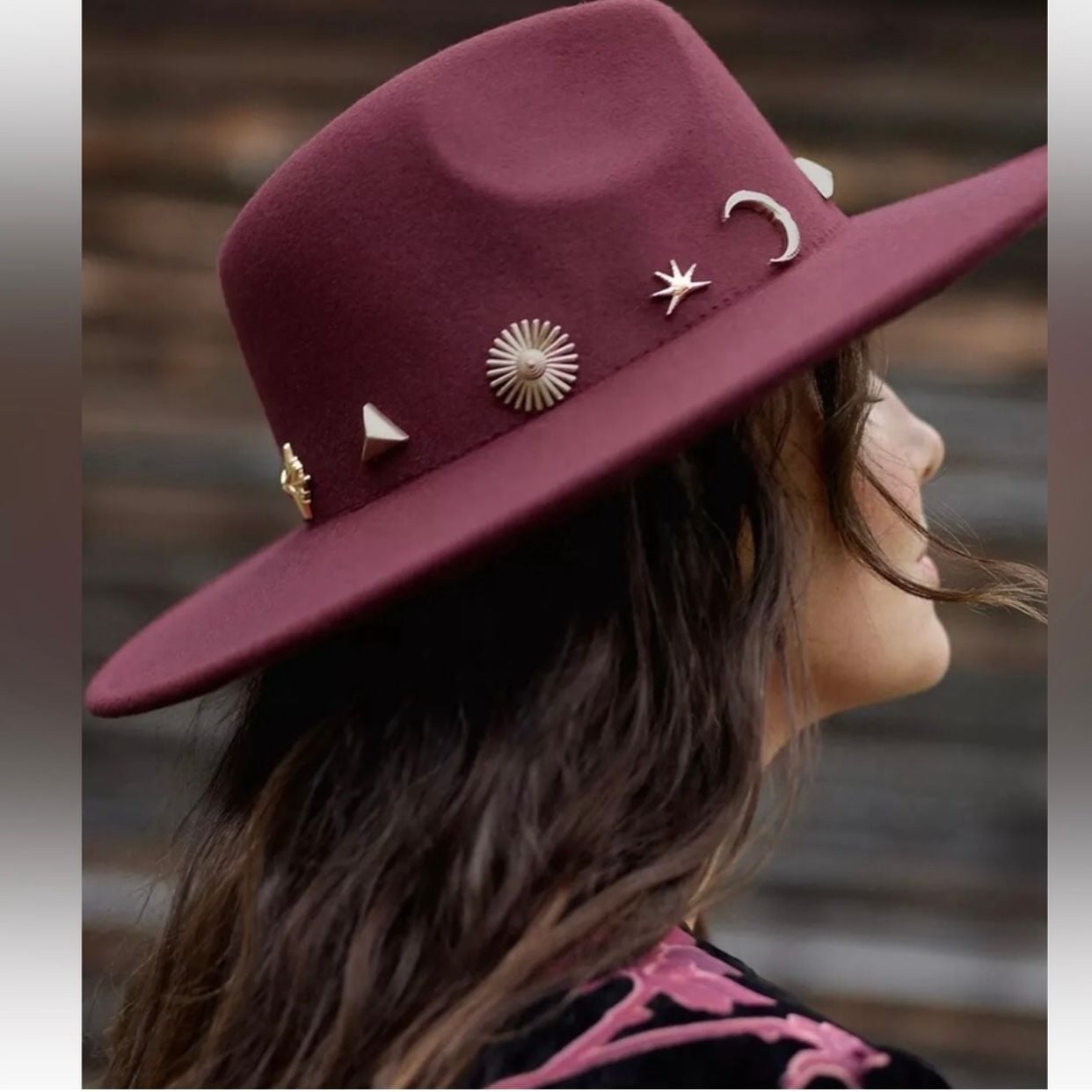 Anthropologie Burgundy Charm Trimmed Rancher Felt Hat Celestial and Geometric 2