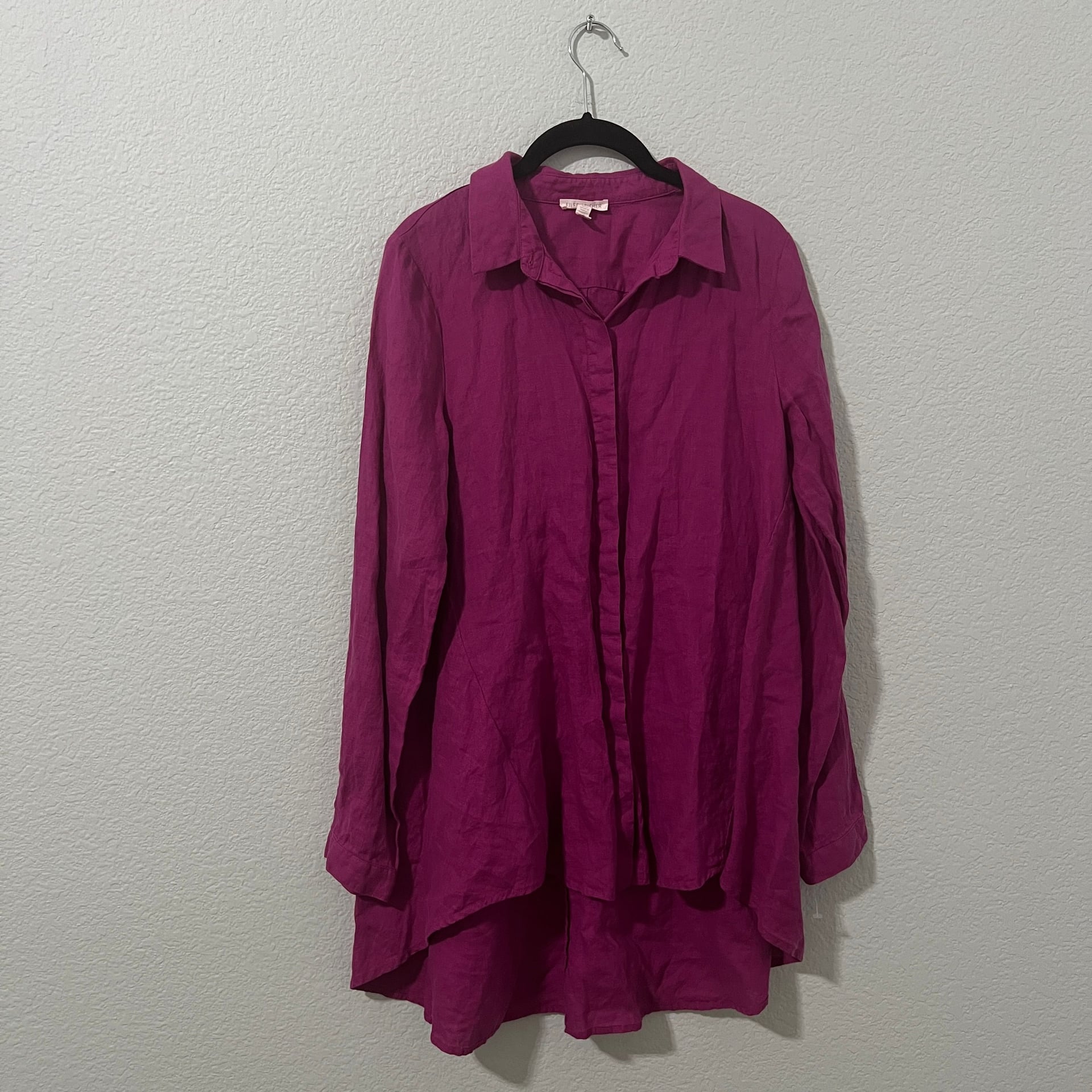Eileen Fisher Classic Collar Organic Linen Shirt Cerise Purple Size XS 2