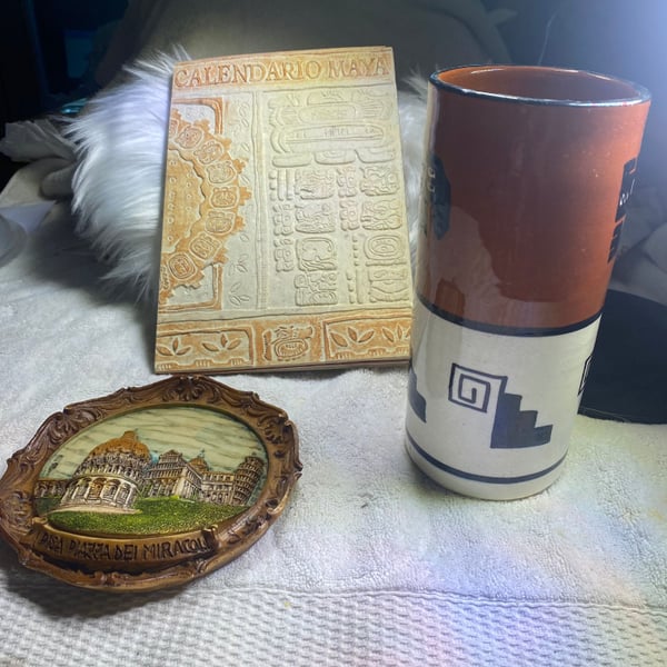 Ceramic Mayan Vase, Calendar Pamphlet /Wall Hanging and Travel Souvenir Set