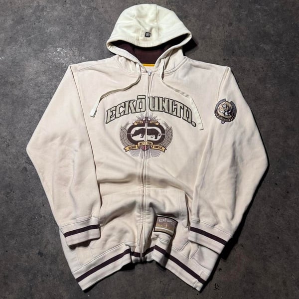 Ecko Unltd.biege zip up hoodie with embroidered logo and spellout X-large 
