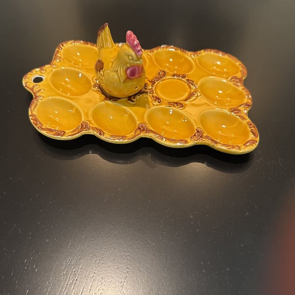 Ceramic Deviled Egg Tray with Rooster Figurine