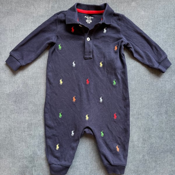 Polo Ralph Lauren Baby Boys Pony Cotton Coverall 6M Navy Embroidered Logo Romper