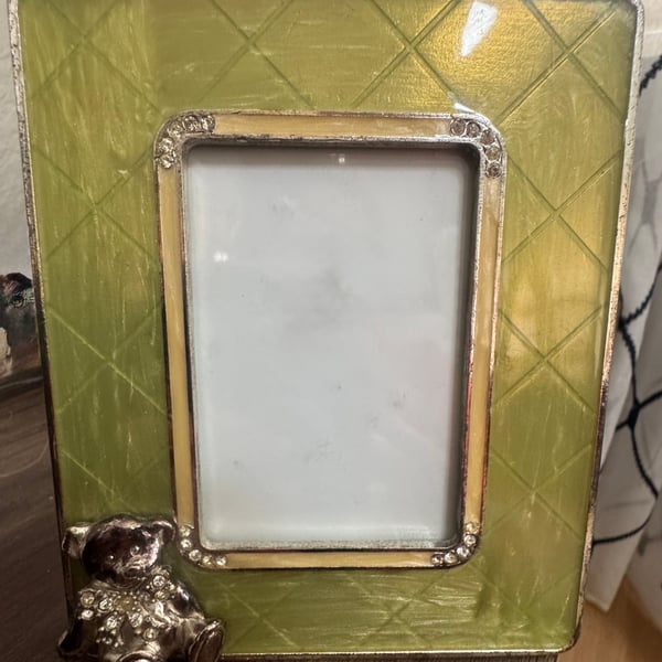 Ashleigh Manor Teddy Bear Jeweled Diamond Studded Metal/Enamel Picture Frame 5”