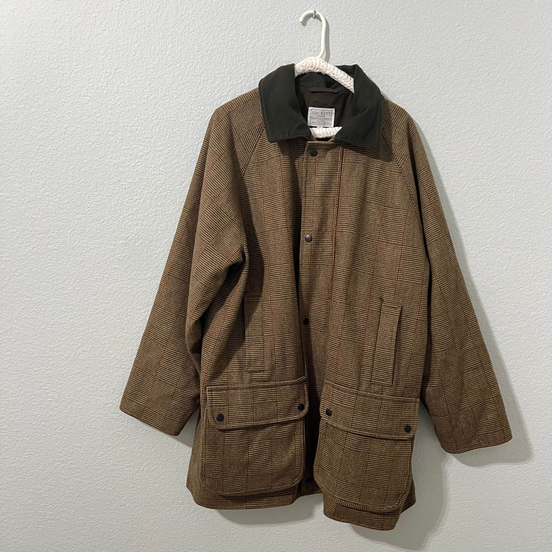 Hackett London Derby Tweed Men's Brown Green Plaid Wool Coat Size 44 / US XL 1
