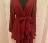 Women’s Dress Size M Wine Color Ruffled NWOT Self Belt Hidden Back Zip 2