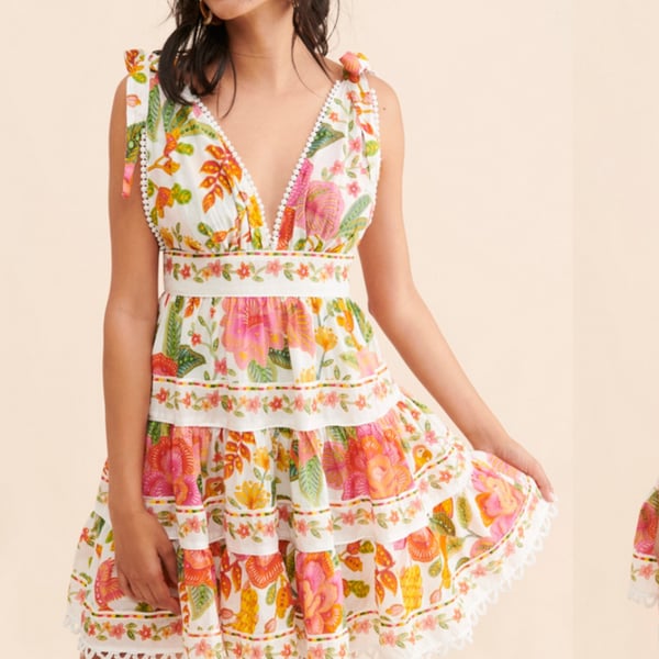 Farm Rio Bloom Tie Strap Mini Dress Size Large Tropical Floral