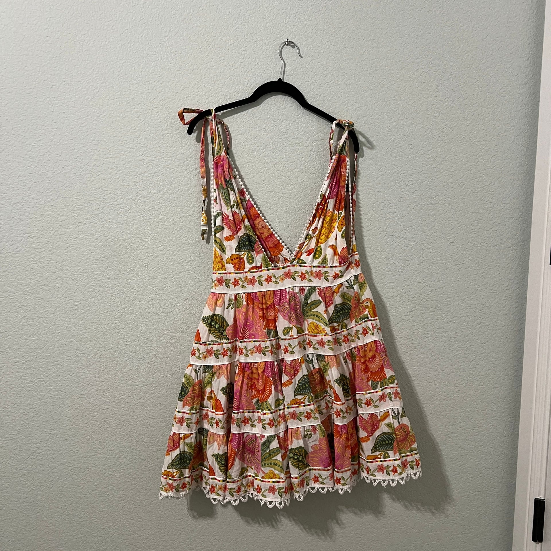 Farm Rio Bloom Tie Strap Mini Dress Size Large Tropical Floral 6