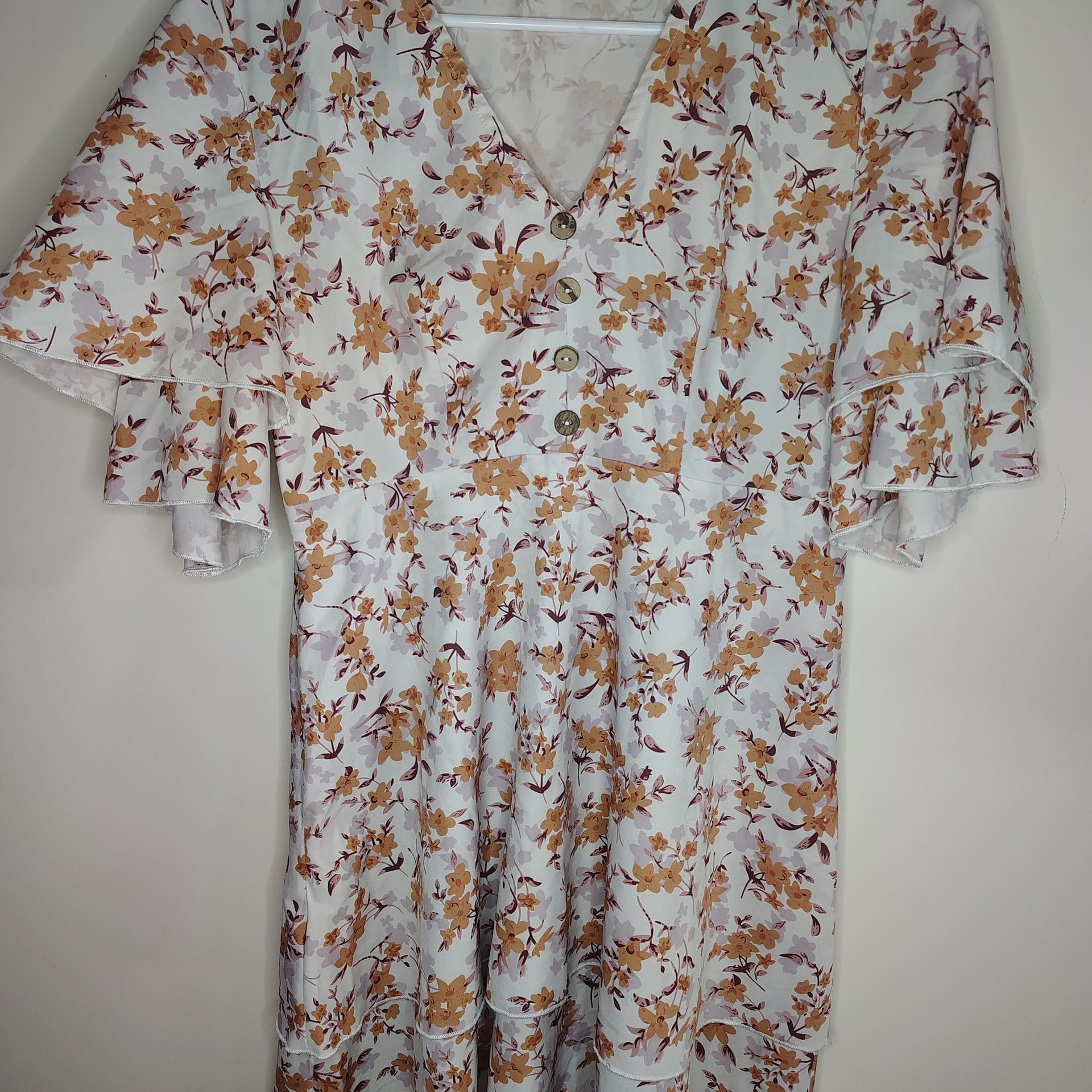 Floral V-Neck Button-Up Dress with Flared Sleeves 1
