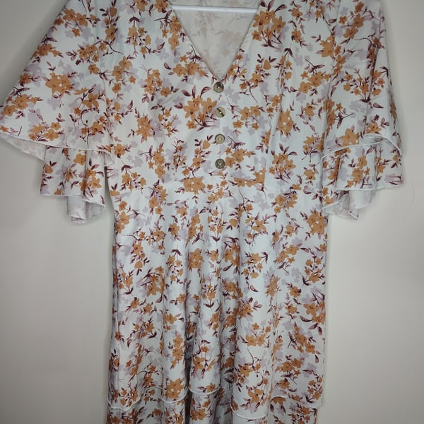Floral V-Neck Button-Up Dress with Flared Sleeves