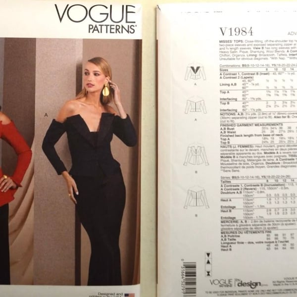VOGUE PATTERN 1984 TOPS MISSES SIZES 8-16 Or 18-26 UNCUT NEW