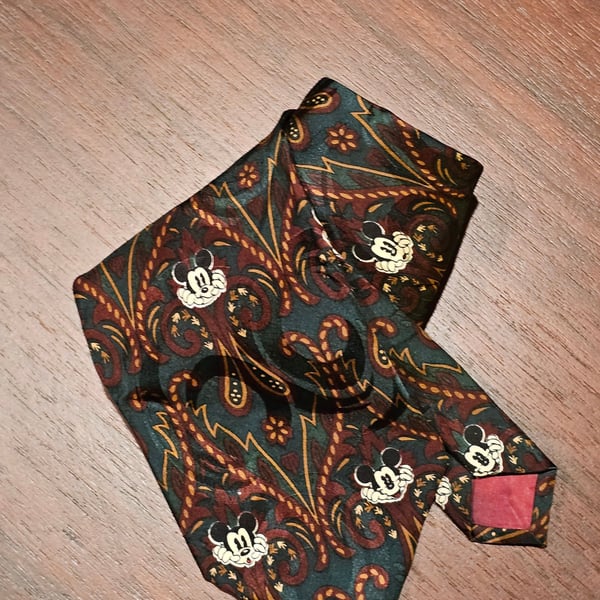 Vtg Disney Mickey Mouse Tie Necktie 100% Silk Mickey Inc. Burgundy Green Paisley