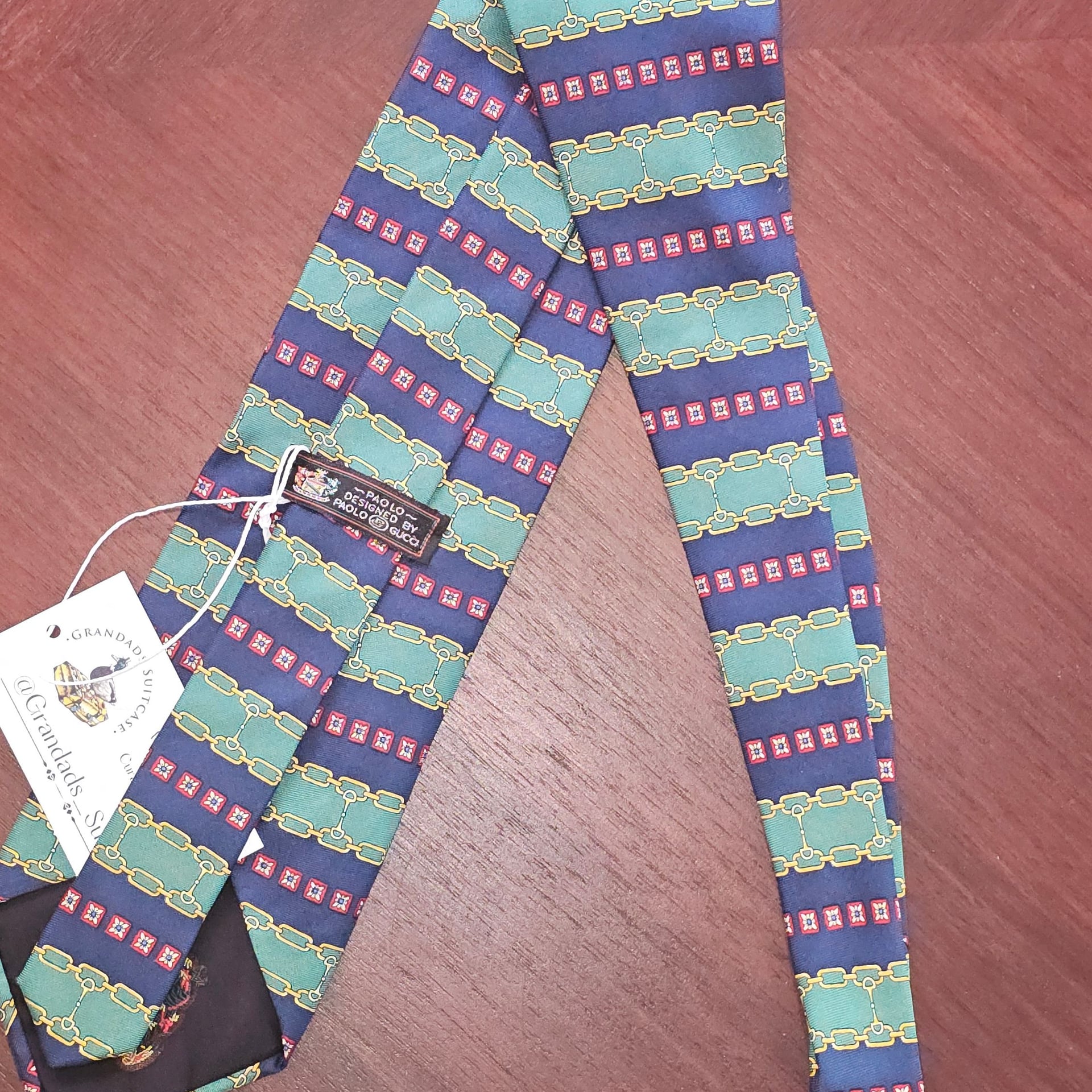 Paolo Gucci Silk Neck Tie Navy Green 4" Italy Equestrian Gold Chains Vintage 5