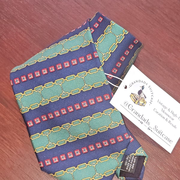 Paolo Gucci Silk Neck Tie Navy Green 4" Italy Equestrian Gold Chains Vintage