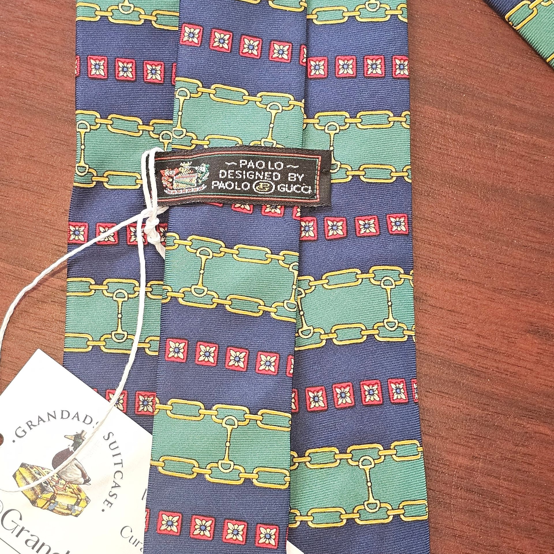 Paolo Gucci Silk Neck Tie Navy Green 4" Italy Equestrian Gold Chains Vintage 4