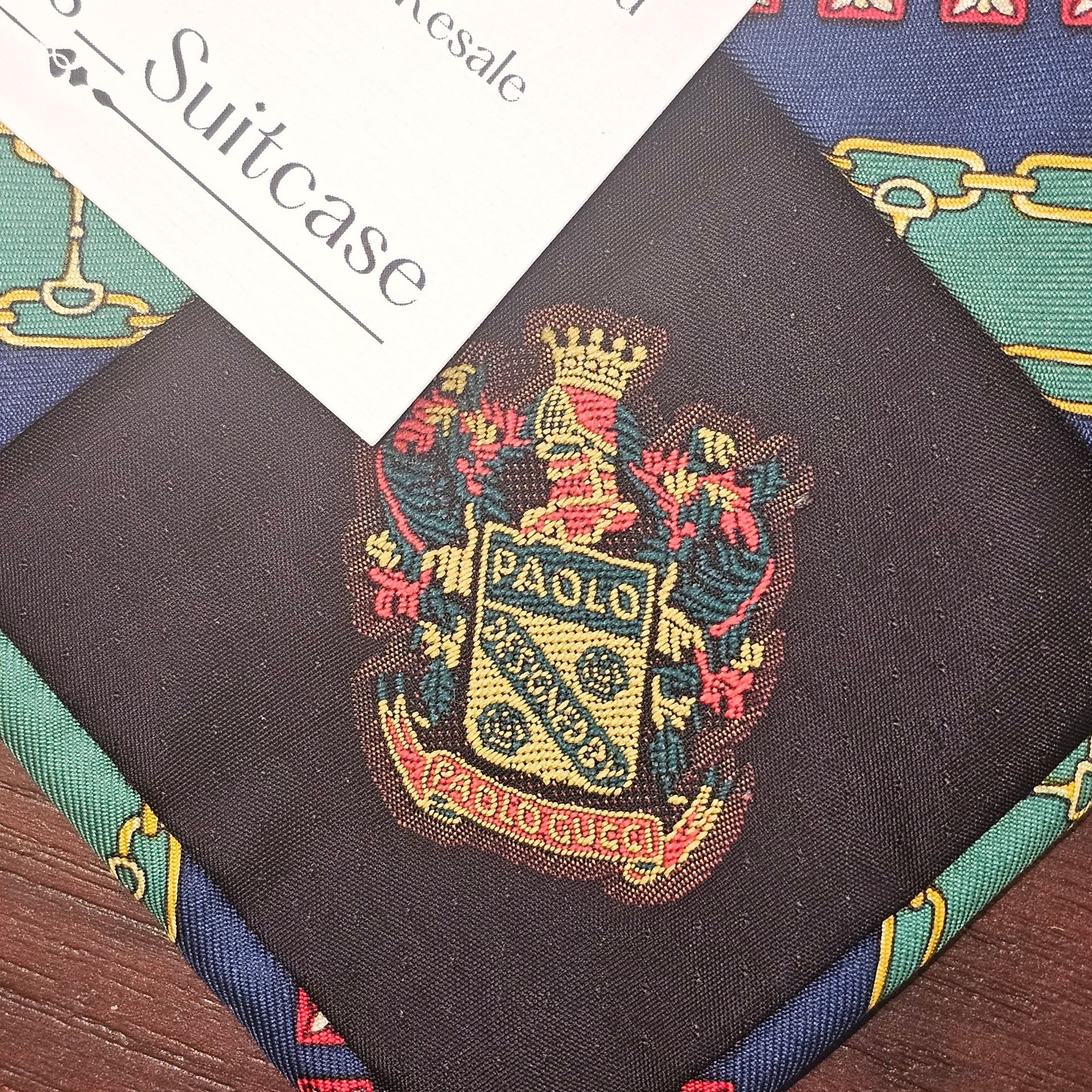Paolo Gucci Silk Neck Tie Navy Green 4" Italy Equestrian Gold Chains Vintage 3