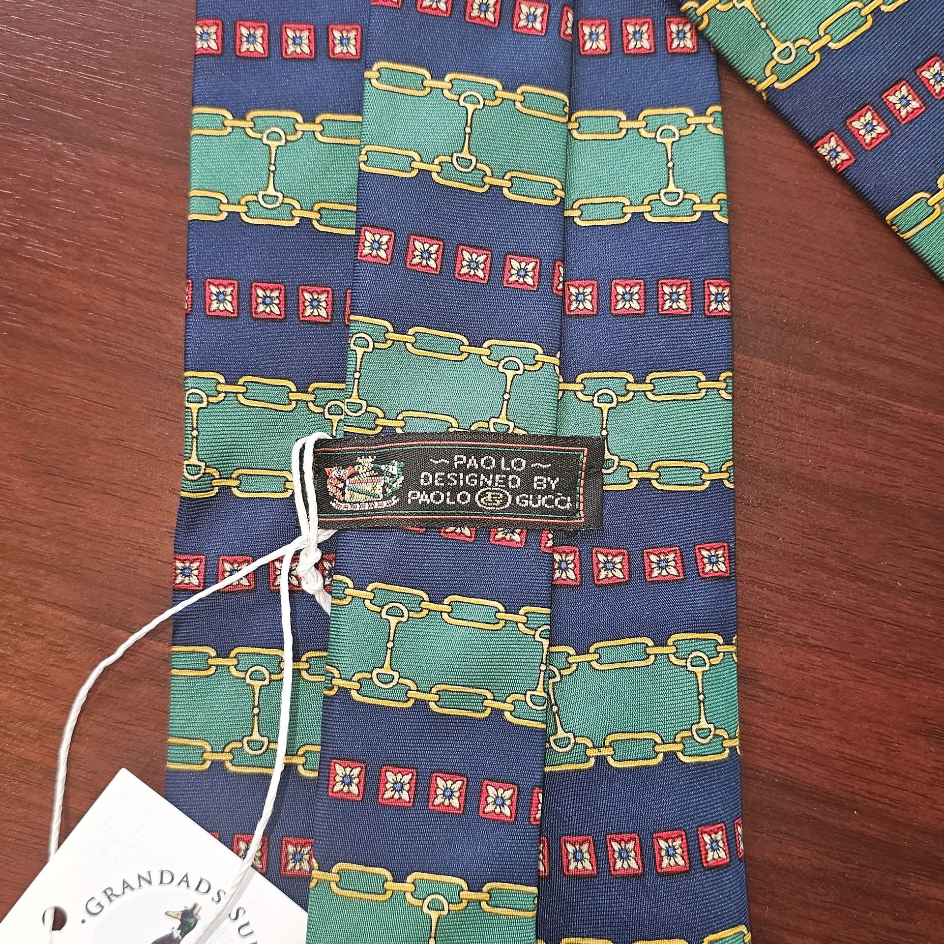 Paolo Gucci Silk Neck Tie Navy Green 4" Italy Equestrian Gold Chains Vintage 6