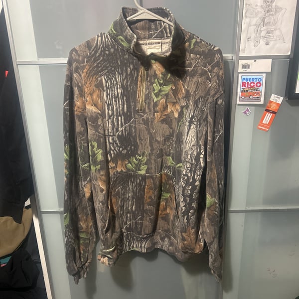 Vintage Camo Jerzees Sweatshirt Quarter Zip Large Outdoors Treebark Hunting USA