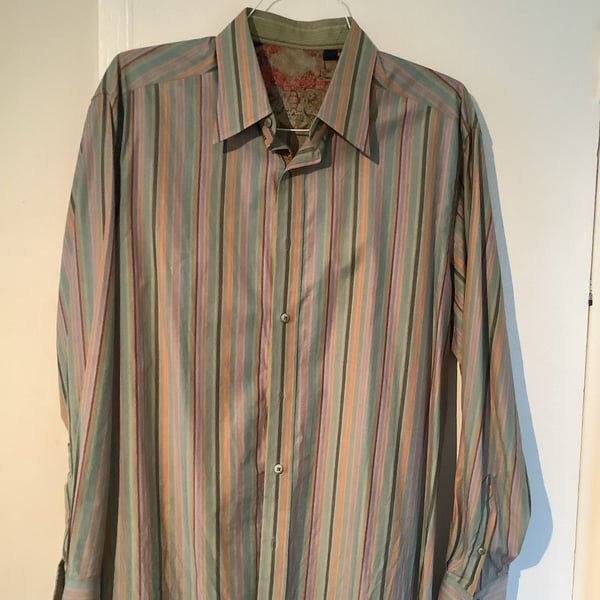 Robert Graham Men's L/S Button-Front Multicolor Stripe Flip Cuff Shirt Large