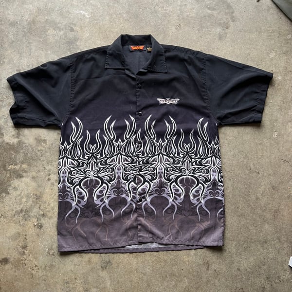 Y2K Las Vegas Button Up Shirt with flames. Goth cyberpunk jnco style