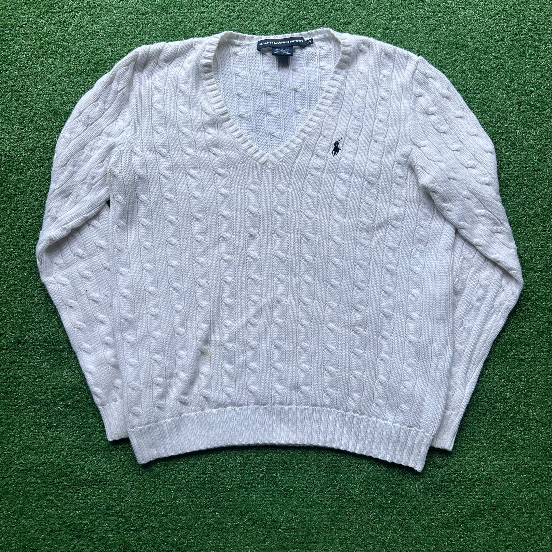 Women's White Ralph Lauren V Neck Cable Knit Jumper Size Large 1