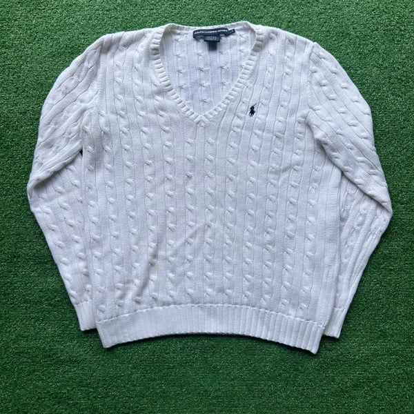 Women's White Ralph Lauren V Neck Cable Knit Jumper Size Large