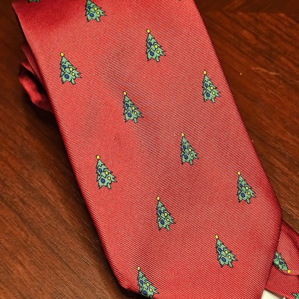 Vintage Silk Red Christmas Pine Tree Motif Woven Necktie 