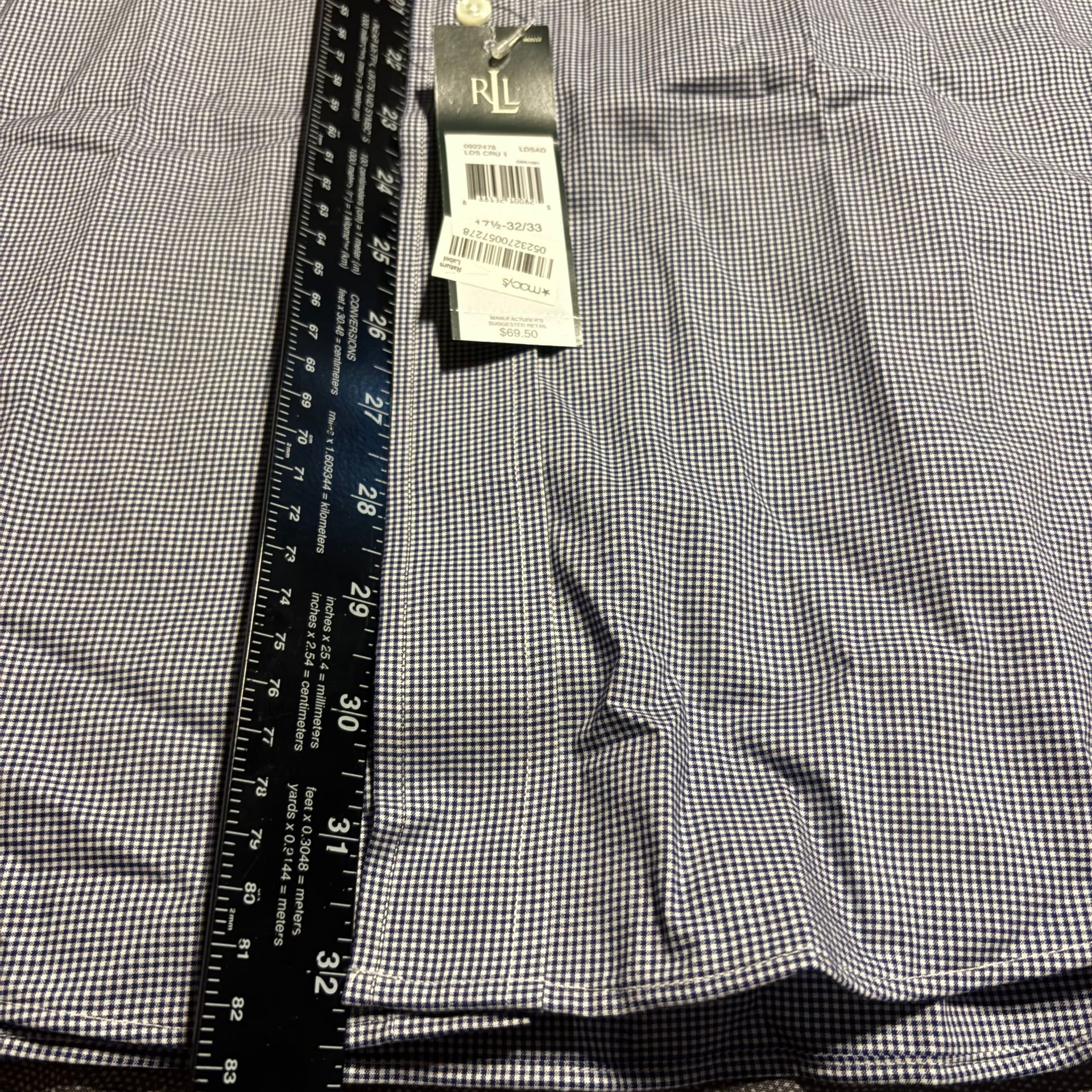 Lauren Ralph Lauren Men's Blue Gingham Slim Fit Non-Iron Dress Shirt 17.5 3