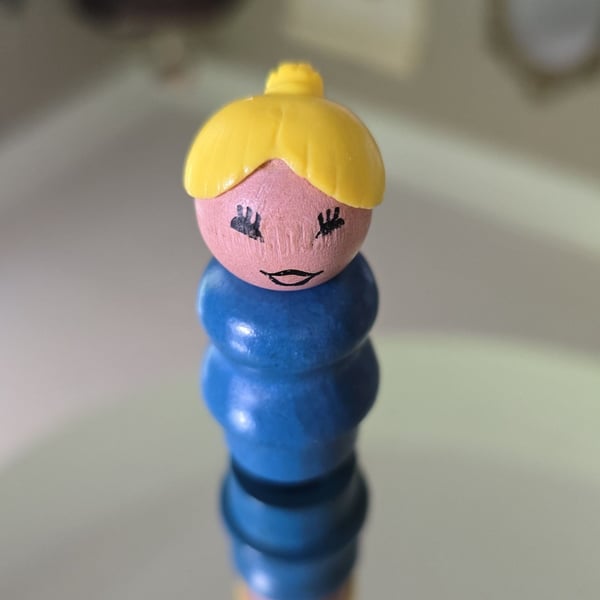 Fisher Price Little People Vintage Blonde Mom Blue Body Wood w/ plastic hair