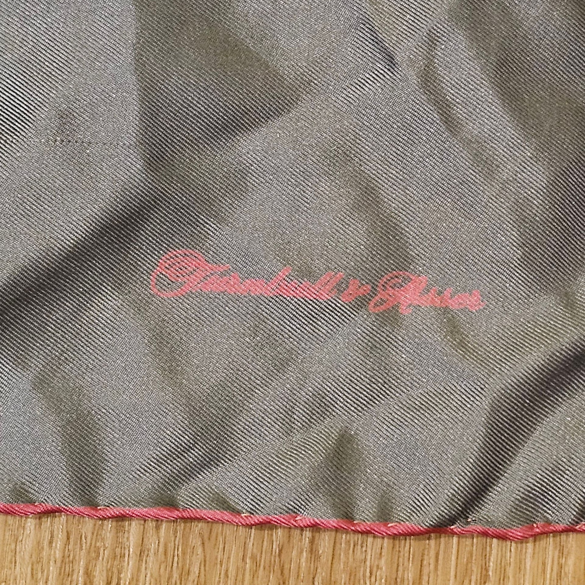 Turnbull & Asser Grey Silk Pocket Square with Pink Rolled Hem 2
