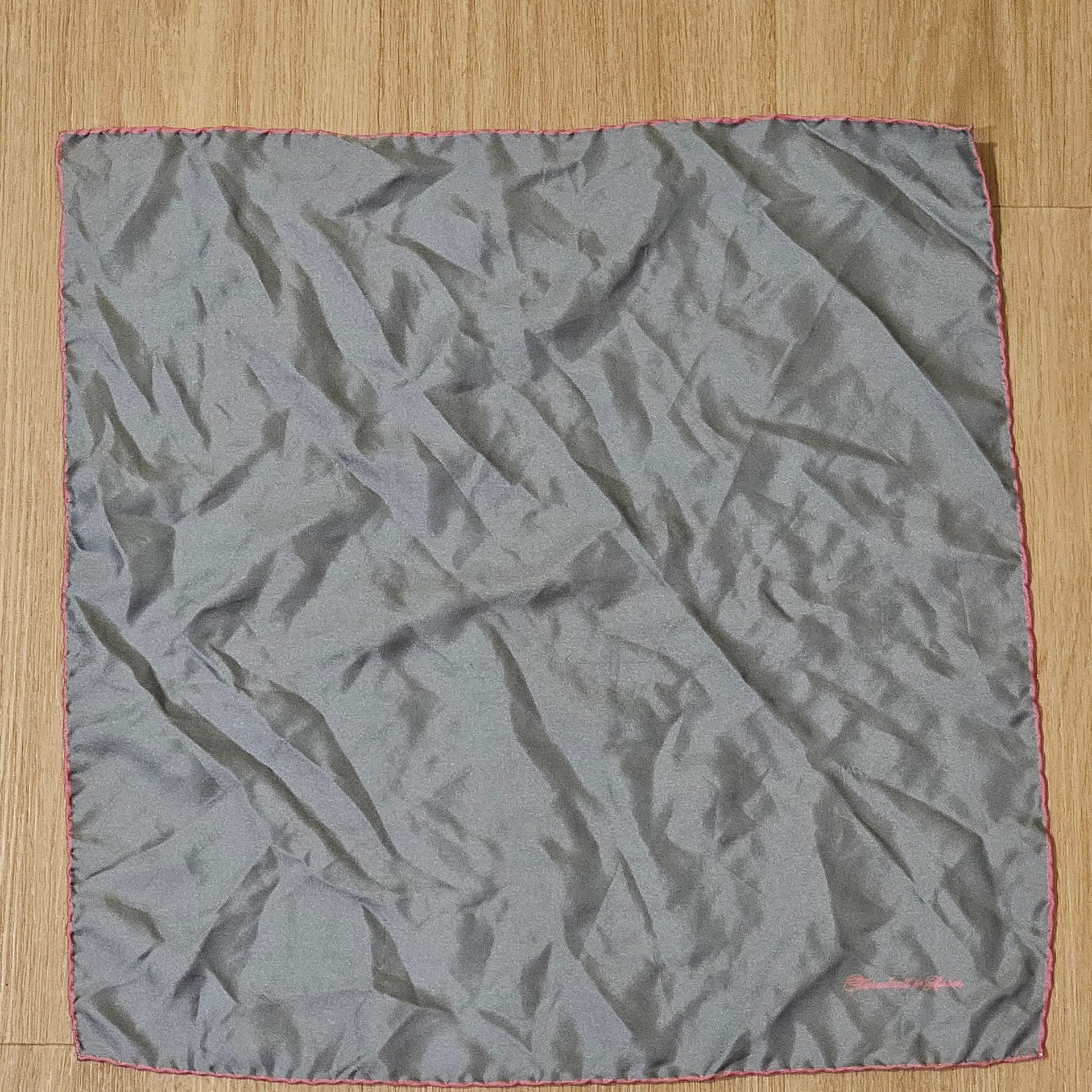 Turnbull & Asser Grey Silk Pocket Square with Pink Rolled Hem 1