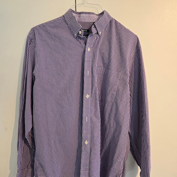 IZOD Essentials Mens Purple and White Check Long-Sleeve Button-Down Shirt Size M