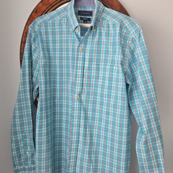 Crown & Ivy Men's Classic Fit Blue & Pink Plaid LS Button Down Shirt Size M