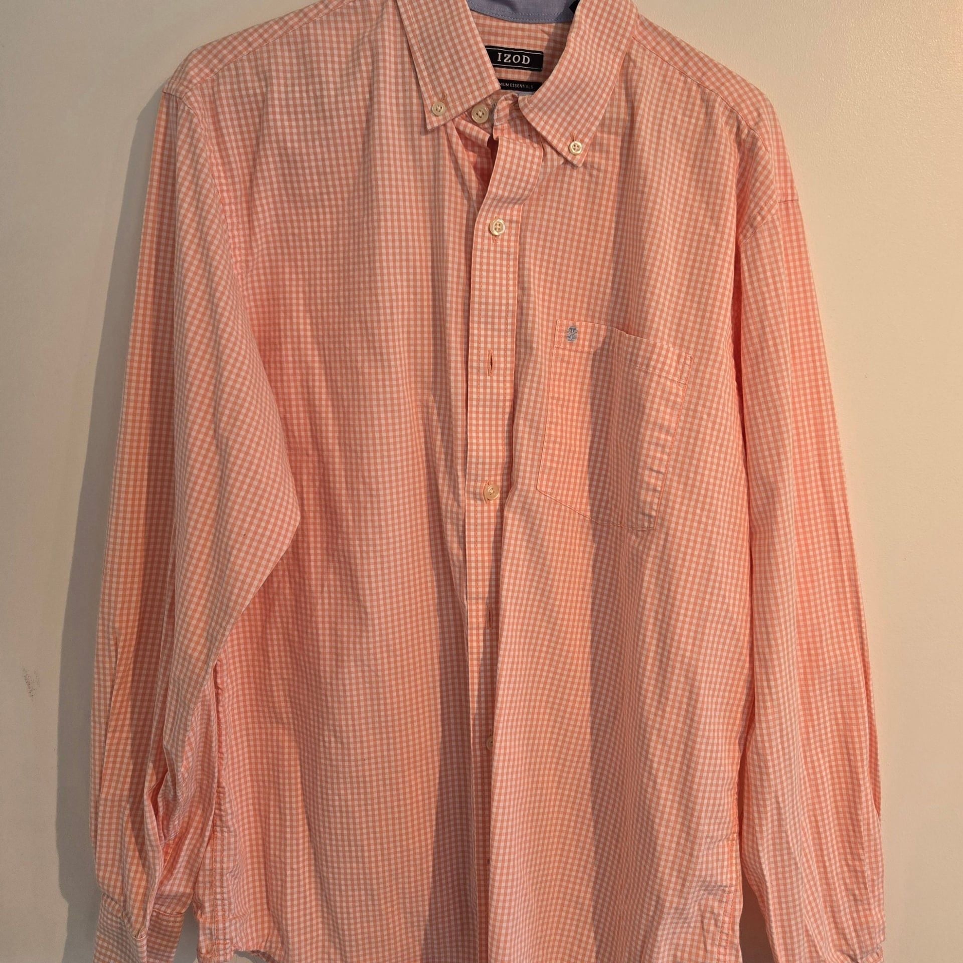 IZOD Premium Essentials Men's LS Button Down Shirt Peach Gingham - Size M 1