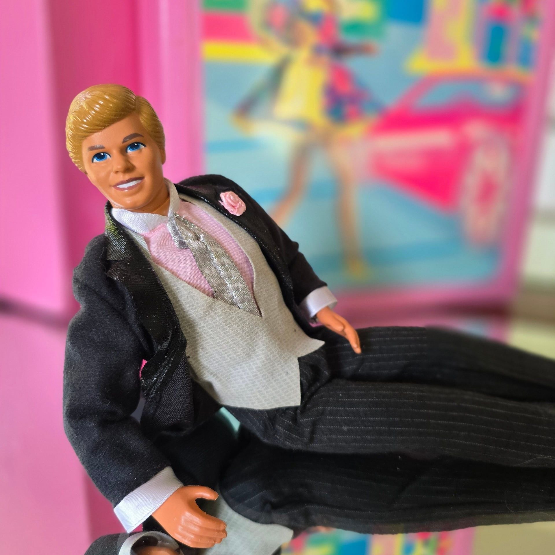 Vintage Mattel 1980s Ken Doll in Black Suit Pink Rose Boutonniere Best Man for Wedding Day Alan 1