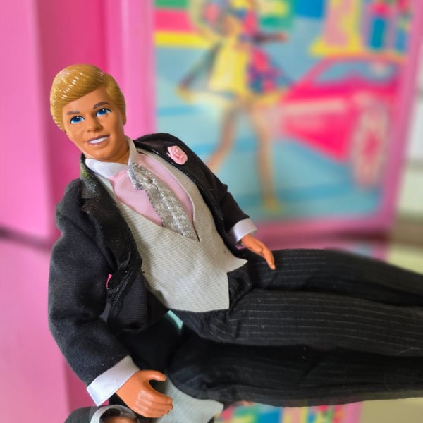 Vintage Mattel 1980s Ken Doll in Black Suit Pink Rose Boutonniere Best Man for Wedding Day Alan
