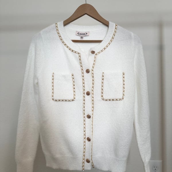 White Cardigan Sweater with Decorative Gold Chain Trim - Size M