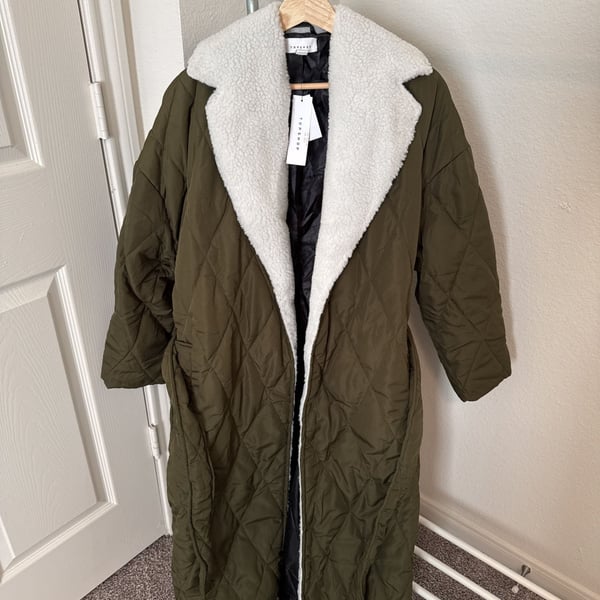 NWT Topshop quilted green fleece trench coat size US 2/ UK 6